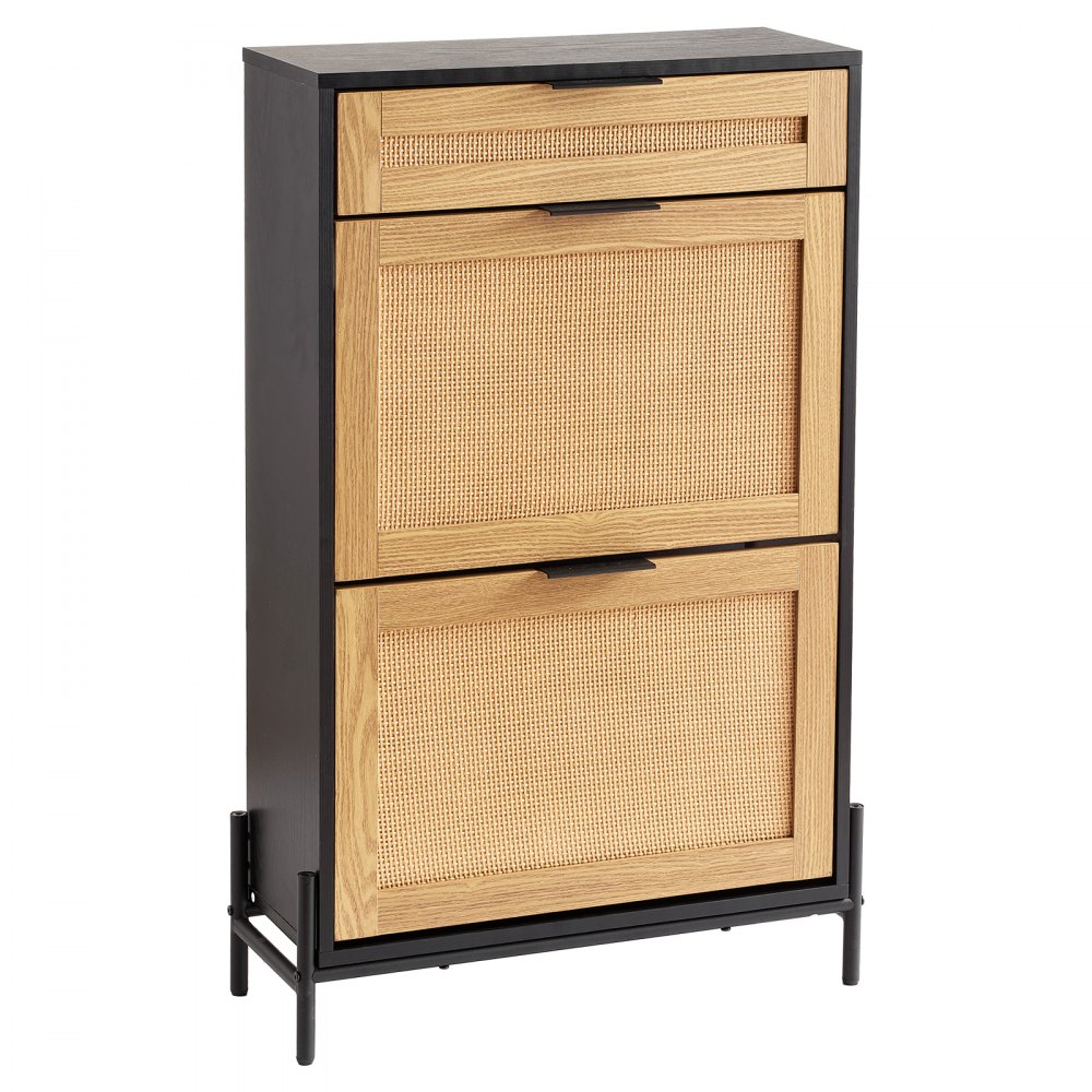 VEVOR Rattan Shoe Cabinet, Narrow Shoe Storage Organizer with 2 Flip Rattan Drawers & 1 Slide Drawer, Metal Legs, Slim Shoe Entryway Cabinet Ideal for Entryway, Closet, Hallway, Black
