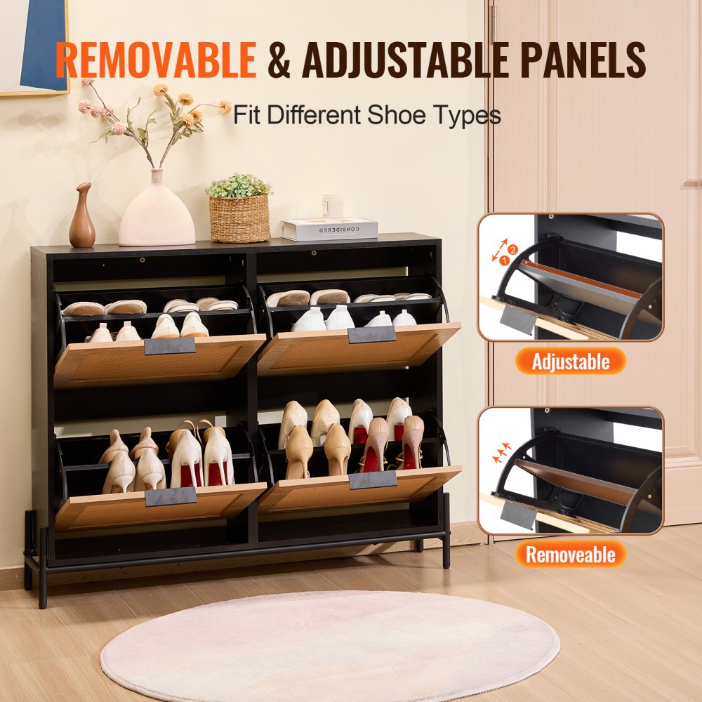 VEVOR Rattan Shoe Cabinet, Narrow Shoe Storage Organizer with 4 Flip Drawers, Slim Shoe Entryway Storage Cabinet with Metal Legs, Ideal for Entryway, Closet, Hallway, Light Wood Color