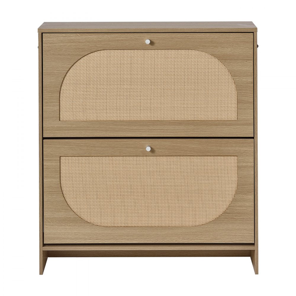VEVOR Rattan Shoe Cabinet, 16 Pairs, 2 Flip Drawers, Adjustable Shelves for Entryway, Hallway and Living Room, Freestanding Narrow Shoes Wooden Rack, with 80 lb Top Surface and Tip-Over Restraint