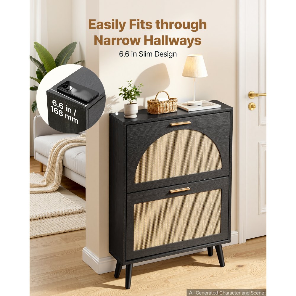 VEVOR Rattan Shoe Cabinet, 6-Pair Shoe Organizer, 2 Flip Drawers, Slim for Entryway, Hallway and Living Room, Freestanding Narrow Shoes Wooden Rack, with 80 lb Top Surface and Tip-Over Restraint