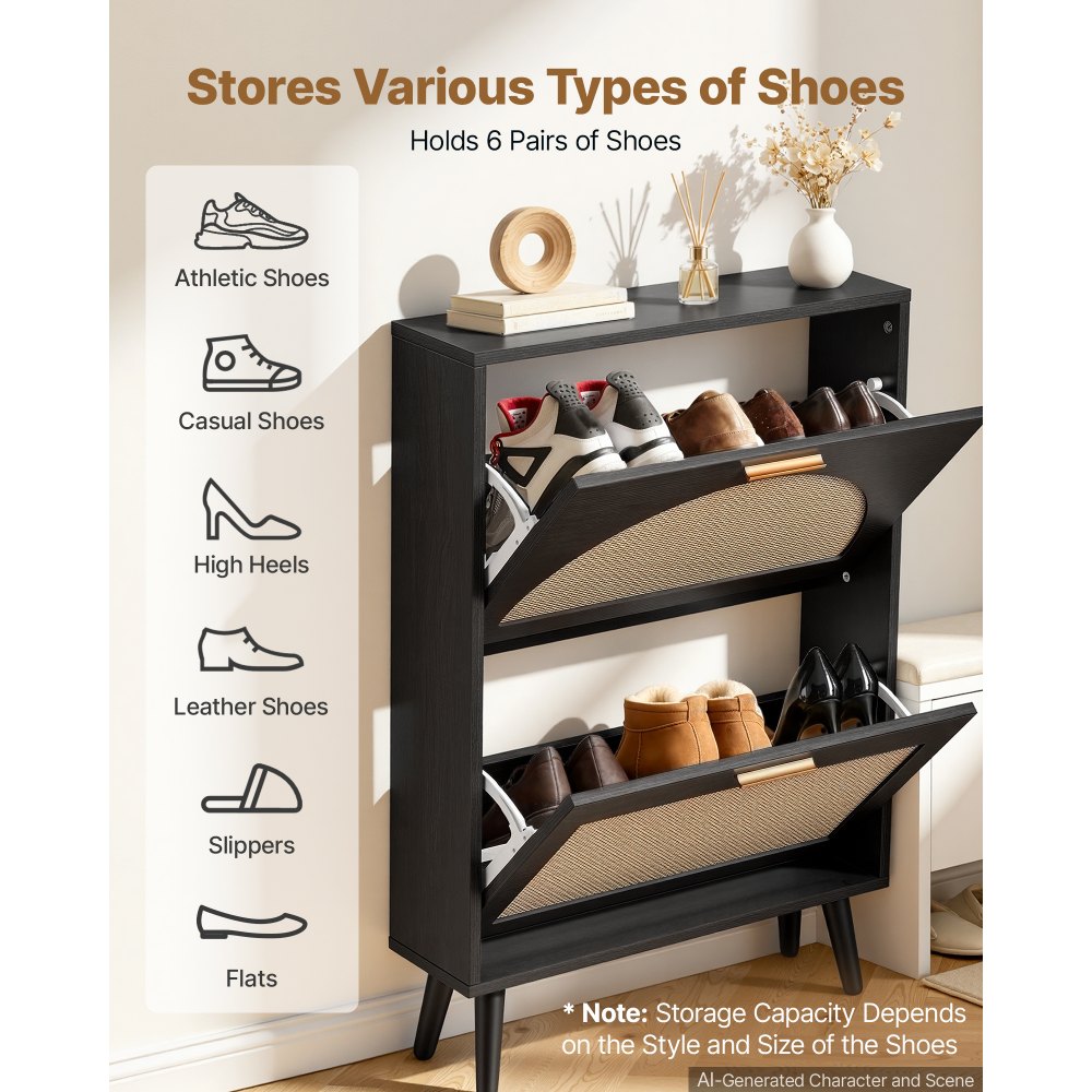 VEVOR Rattan Shoe Cabinet, 6-Pair Shoe Organizer, 2 Flip Drawers, Slim for Entryway, Hallway and Living Room, Freestanding Narrow Shoes Wooden Rack, with 80 lb Top Surface and Tip-Over Restraint