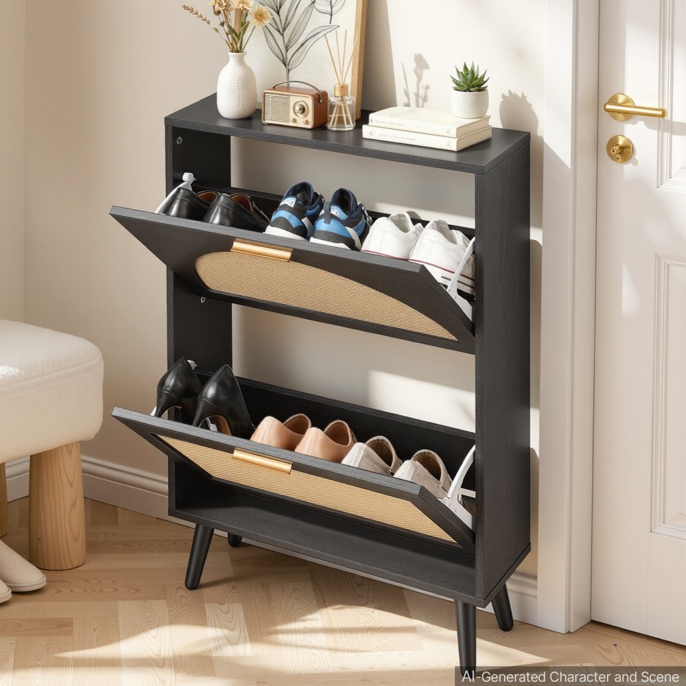 VEVOR Rattan Shoe Cabinet, 6-Pair Shoe Organizer, 2 Flip Drawers, Slim for Entryway, Hallway and Living Room, Freestanding Narrow Shoes Wooden Rack, with 80 lb Top Surface and Tip-Over Restraint