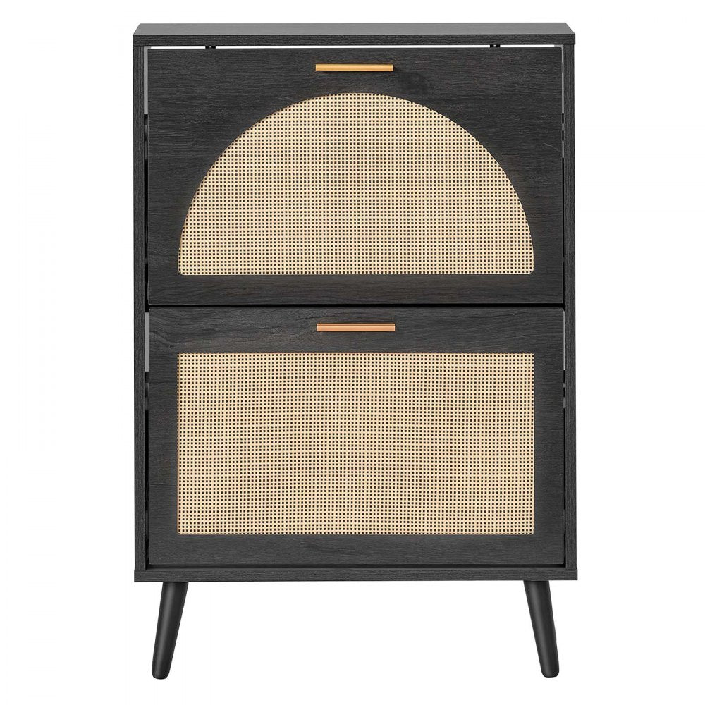 VEVOR Rattan Shoe Cabinet, 6-Pair Shoe Organizer, 2 Flip Drawers, Slim for Entryway, Hallway and Living Room, Freestanding Narrow Shoes Wooden Rack, with 80 lb Top Surface and Tip-Over Restraint