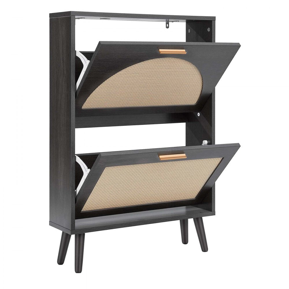 VEVOR Rattan Shoe Cabinet, 6-Pair Shoe Organizer, 2 Flip Drawers, Slim for Entryway, Hallway and Living Room, Freestanding Narrow Shoes Wooden Rack, with 80 lb Top Surface and Tip-Over Restraint
