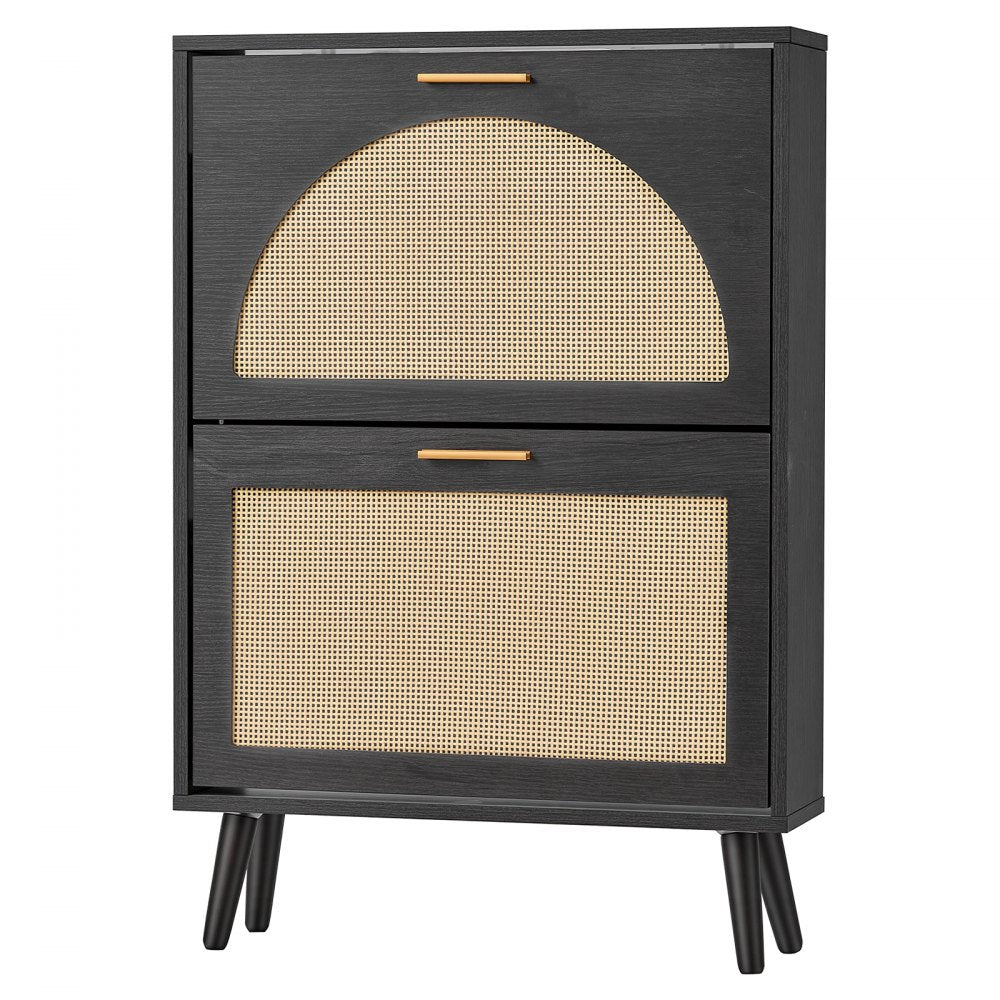 VEVOR Rattan Shoe Cabinet, 6-Pair Shoe Organizer, 2 Flip Drawers, Slim for Entryway, Hallway and Living Room, Freestanding Narrow Shoes Wooden Rack, with 80 lb Top Surface and Tip-Over Restraint