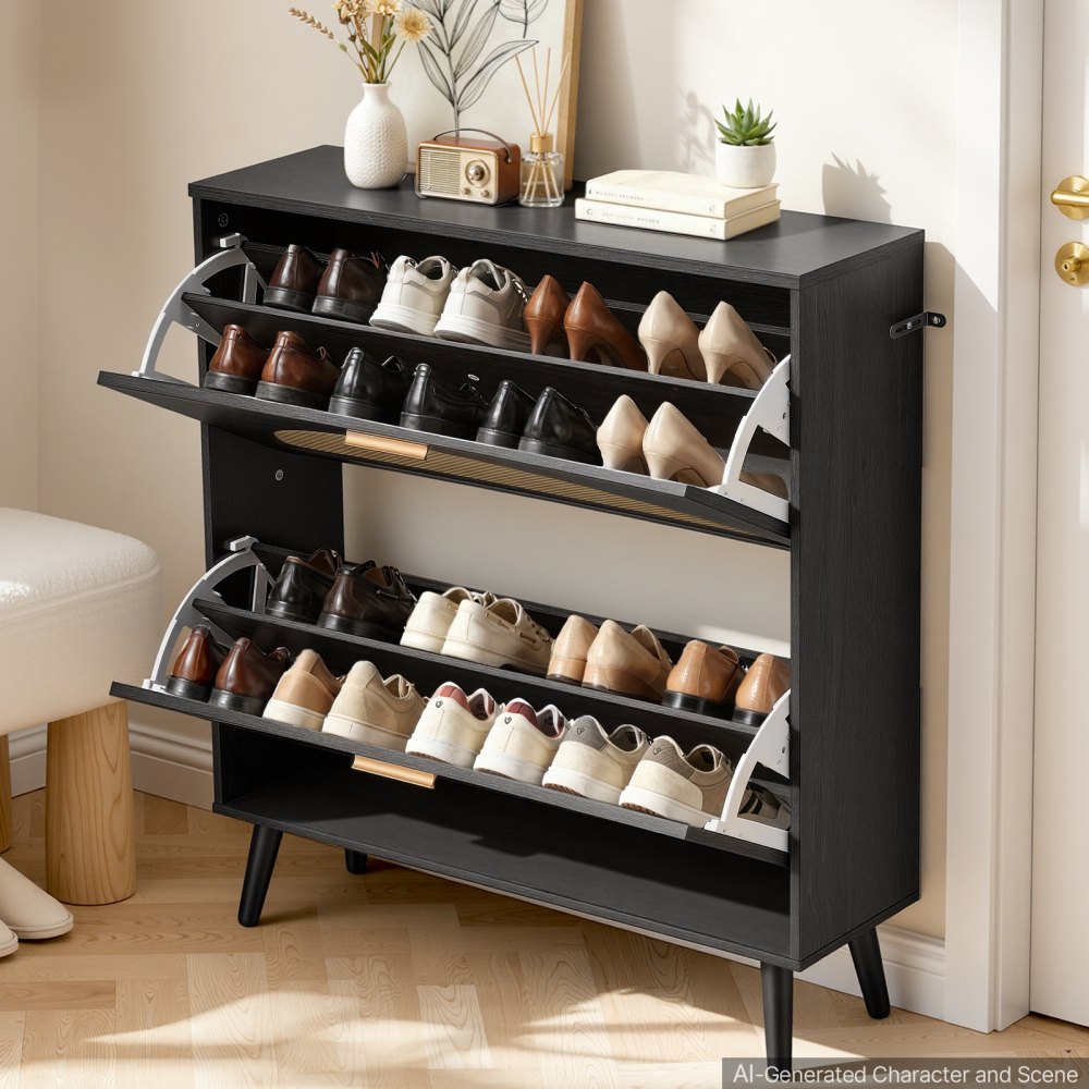 VEVOR Rattan Shoe Cabinet, 16 Pairs, 2 Flip Drawers, Adjustable Shelves for Entryway, Hallway and Living Room, Freestanding Narrow Shoes Wooden Rack, with 80 lb Top Surface and Tip-Over Restraint