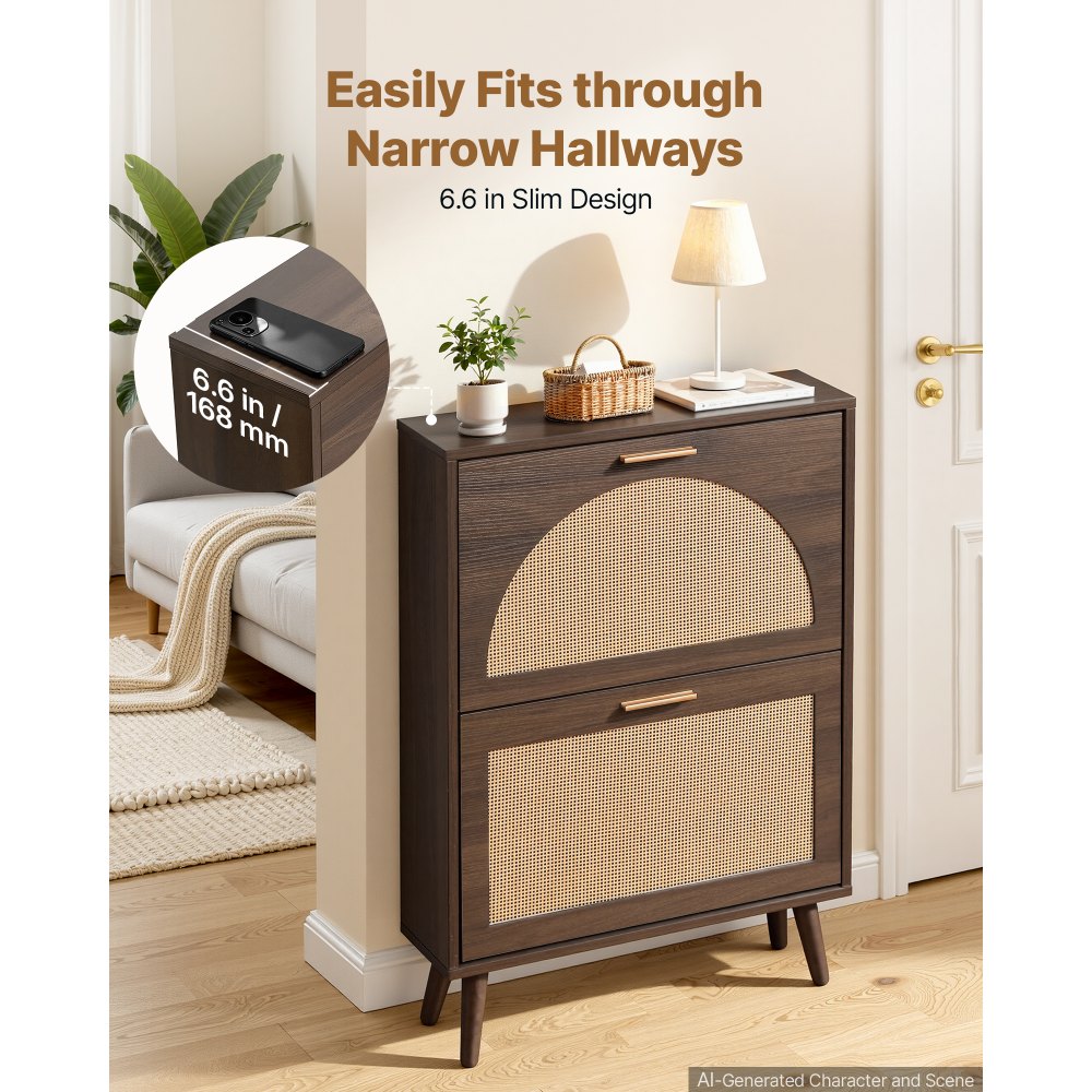 VEVOR Rattan Shoe Cabinet, 6-Pair Shoe Organizer, 2 Flip Drawers, Slim for Entryway, Hallway and Living Room, Freestanding Narrow Shoes Wooden Rack, with 80 lb Top Surface and Tip-Over Restraint