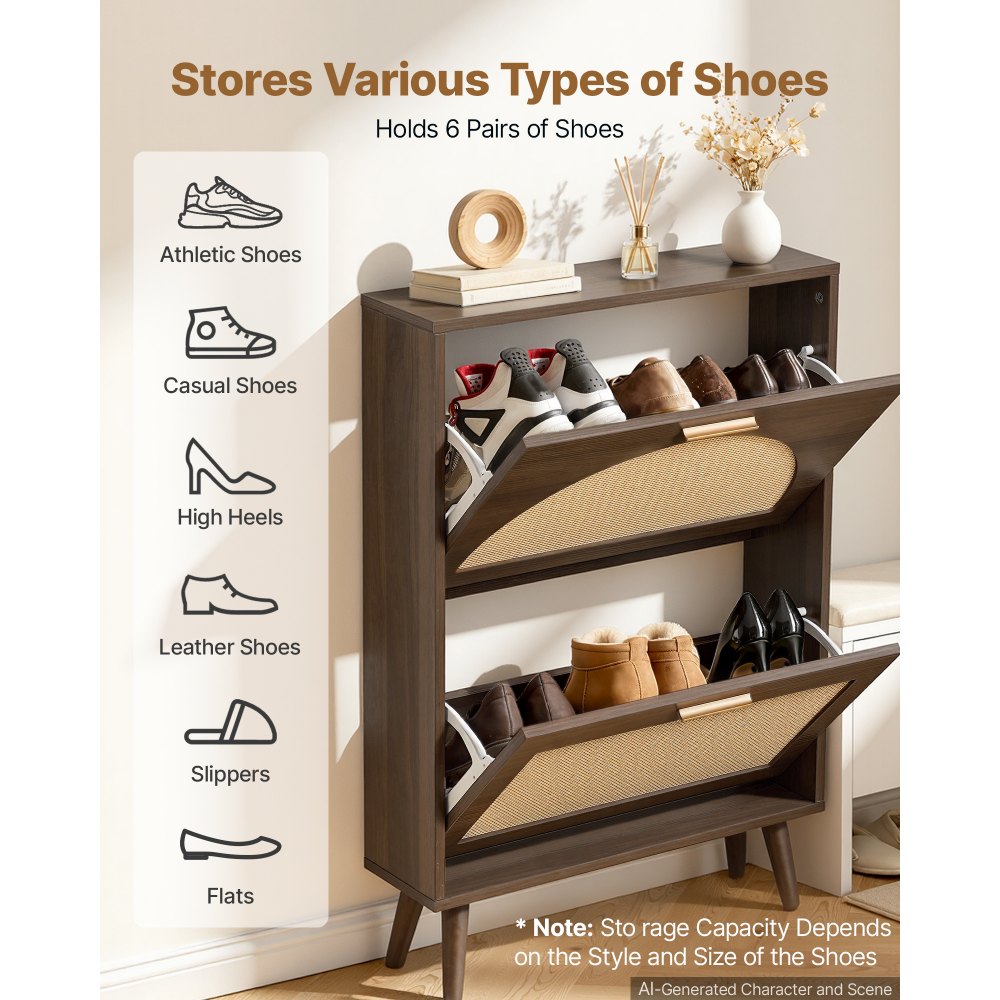 VEVOR Rattan Shoe Cabinet, 6-Pair Shoe Organizer, 2 Flip Drawers, Slim for Entryway, Hallway and Living Room, Freestanding Narrow Shoes Wooden Rack, with 80 lb Top Surface and Tip-Over Restraint