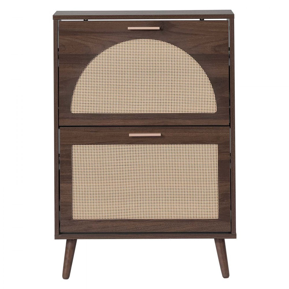 VEVOR Rattan Shoe Cabinet, 6-Pair Shoe Organizer, 2 Flip Drawers, Slim for Entryway, Hallway and Living Room, Freestanding Narrow Shoes Wooden Rack, with 80 lb Top Surface and Tip-Over Restraint