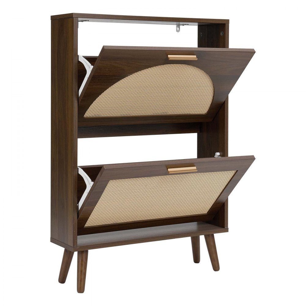 VEVOR Rattan Shoe Cabinet, 6-Pair Shoe Organizer, 2 Flip Drawers, Slim for Entryway, Hallway and Living Room, Freestanding Narrow Shoes Wooden Rack, with 80 lb Top Surface and Tip-Over Restraint