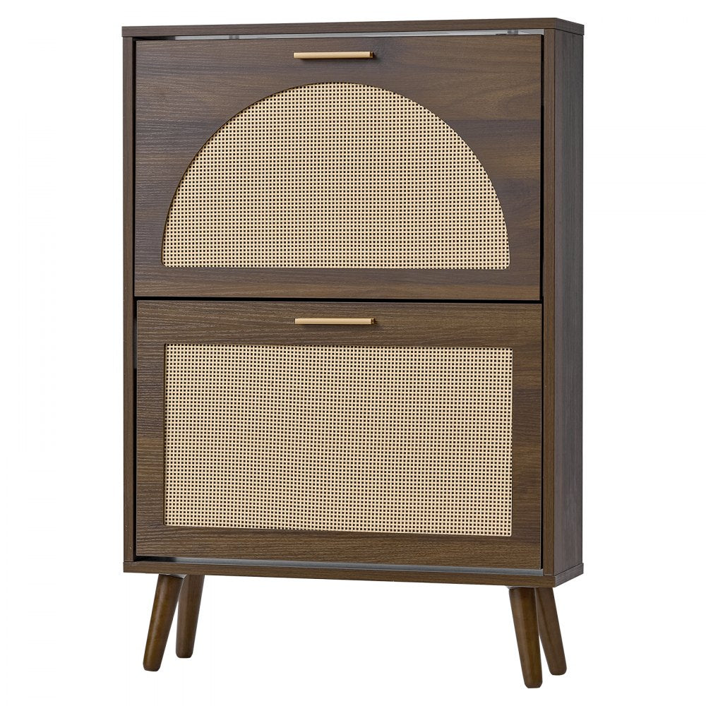 VEVOR Rattan Shoe Cabinet, 6-Pair Shoe Organizer, 2 Flip Drawers, Slim for Entryway, Hallway and Living Room, Freestanding Narrow Shoes Wooden Rack, with 80 lb Top Surface and Tip-Over Restraint