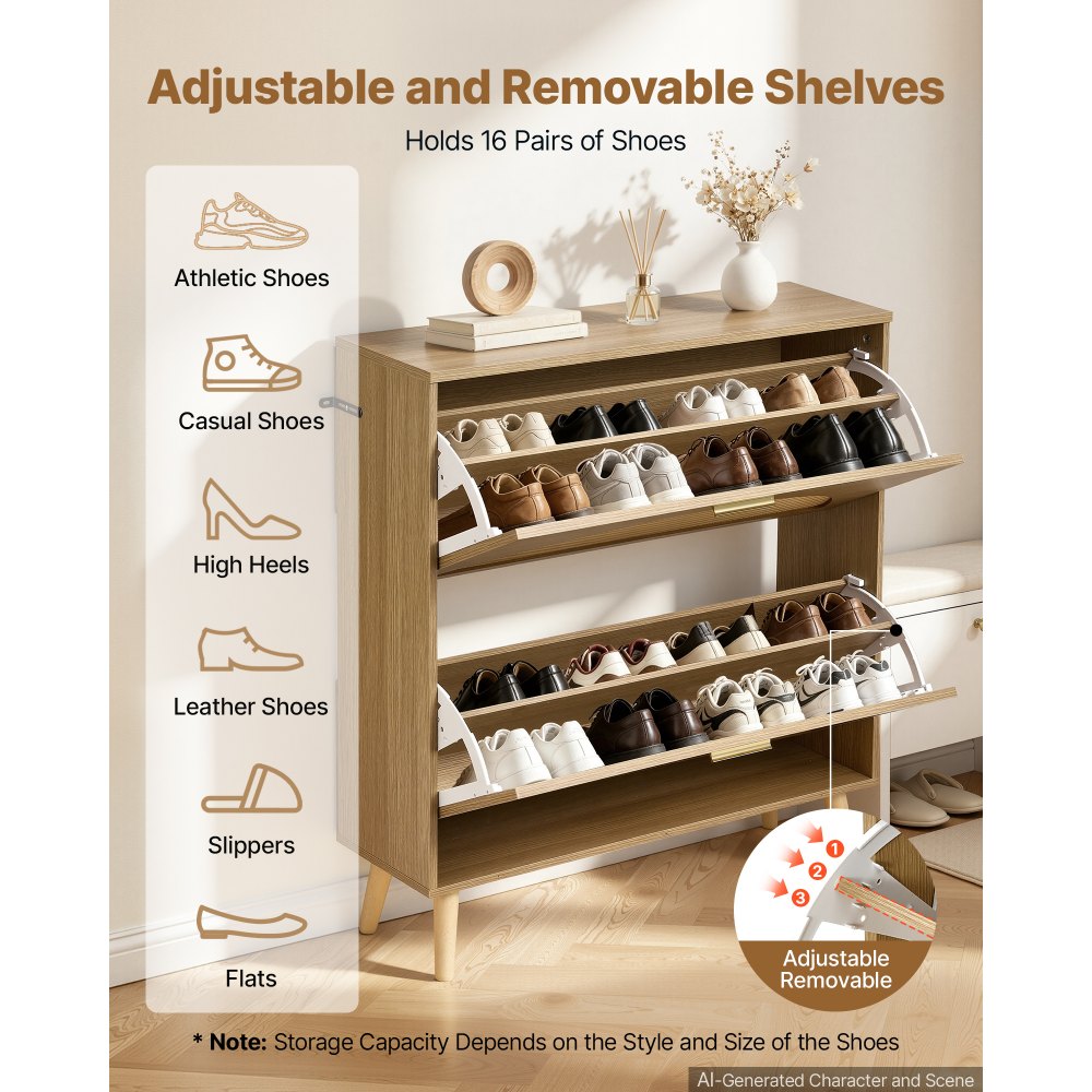 VEVOR Rattan Shoe Cabinet, 16 Pairs, 2 Flip Drawers, Adjustable Shelves for Entryway, Hallway and Living Room, Freestanding Narrow Shoes Wooden Rack, with 80 lb Top Surface and Tip-Over Restraint