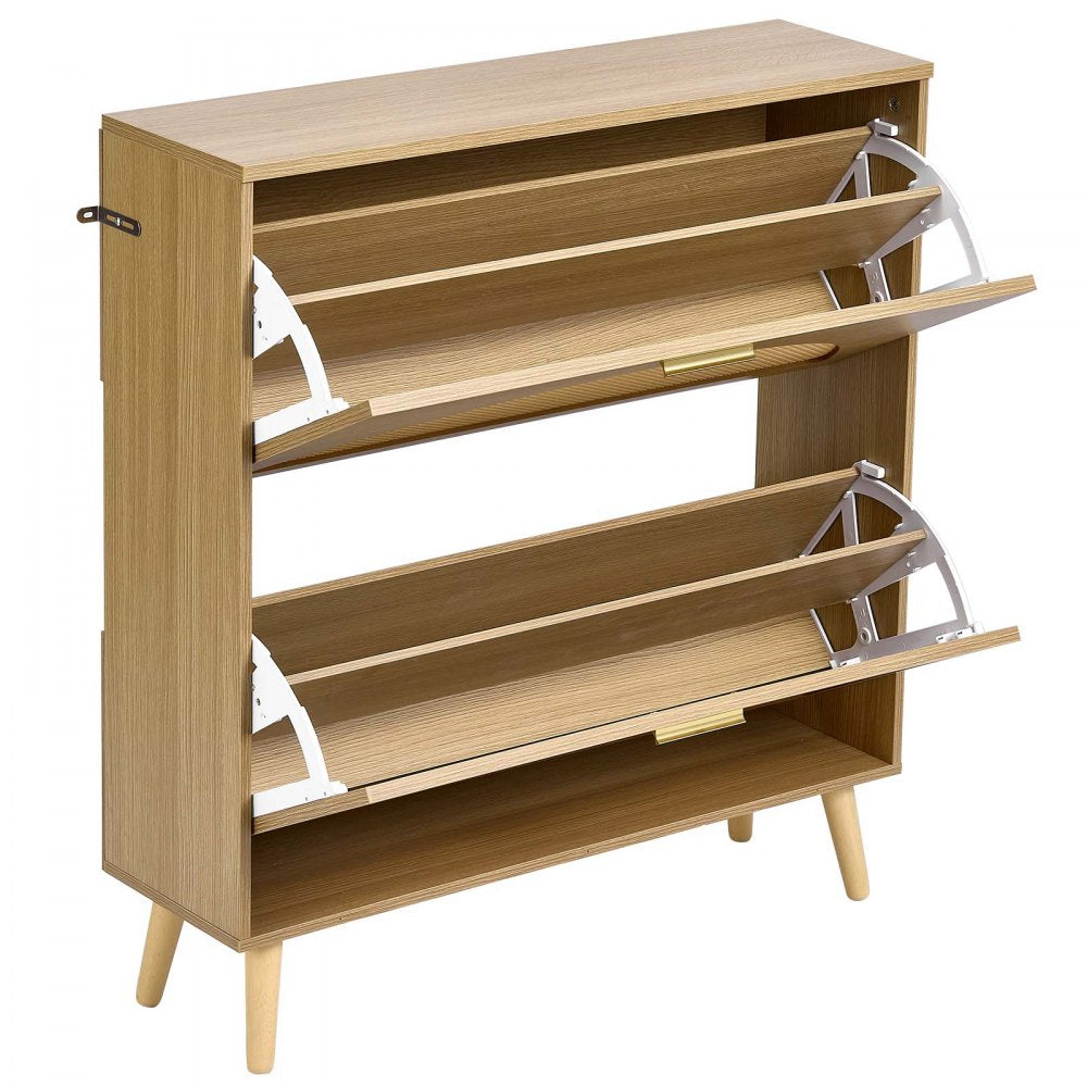 VEVOR Rattan Shoe Cabinet, 16 Pairs, 2 Flip Drawers, Adjustable Shelves for Entryway, Hallway and Living Room, Freestanding Narrow Shoes Wooden Rack, with 80 lb Top Surface and Tip-Over Restraint