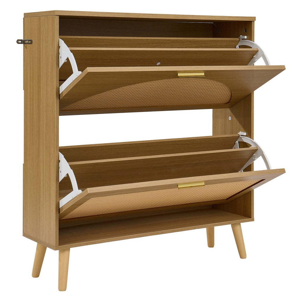 VEVOR Rattan Shoe Cabinet, 16 Pairs, 2 Flip Drawers, Adjustable Shelves for Entryway, Hallway and Living Room, Freestanding Narrow Shoes Wooden Rack, with 80 lb Top Surface and Tip-Over Restraint