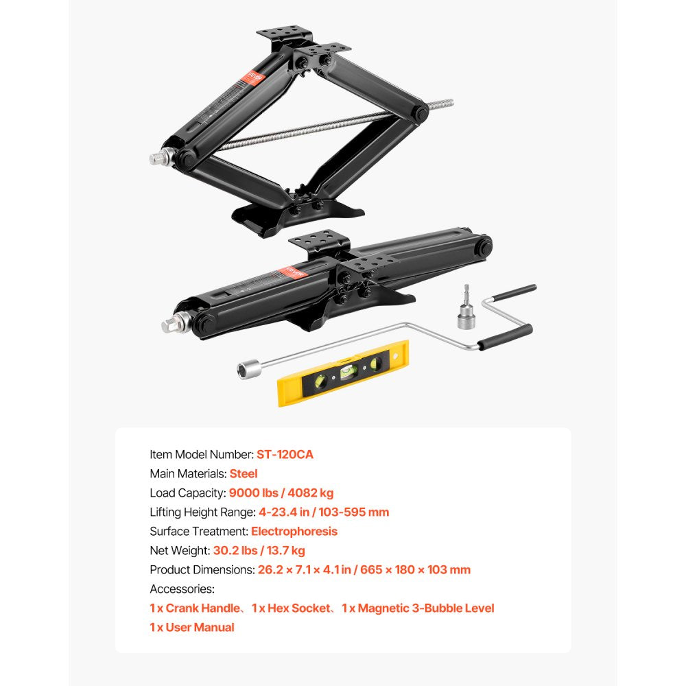 VEVOR 9000 lbs RV Scissor Jacks, 4-23.4 in RV Stabilizer Leveling Scissor Jacks, Set of 2, Heavy Duty Stabilizer Jack with Crank Handle, Socket and Bubble Levels, Not Easily Bent or Deformed