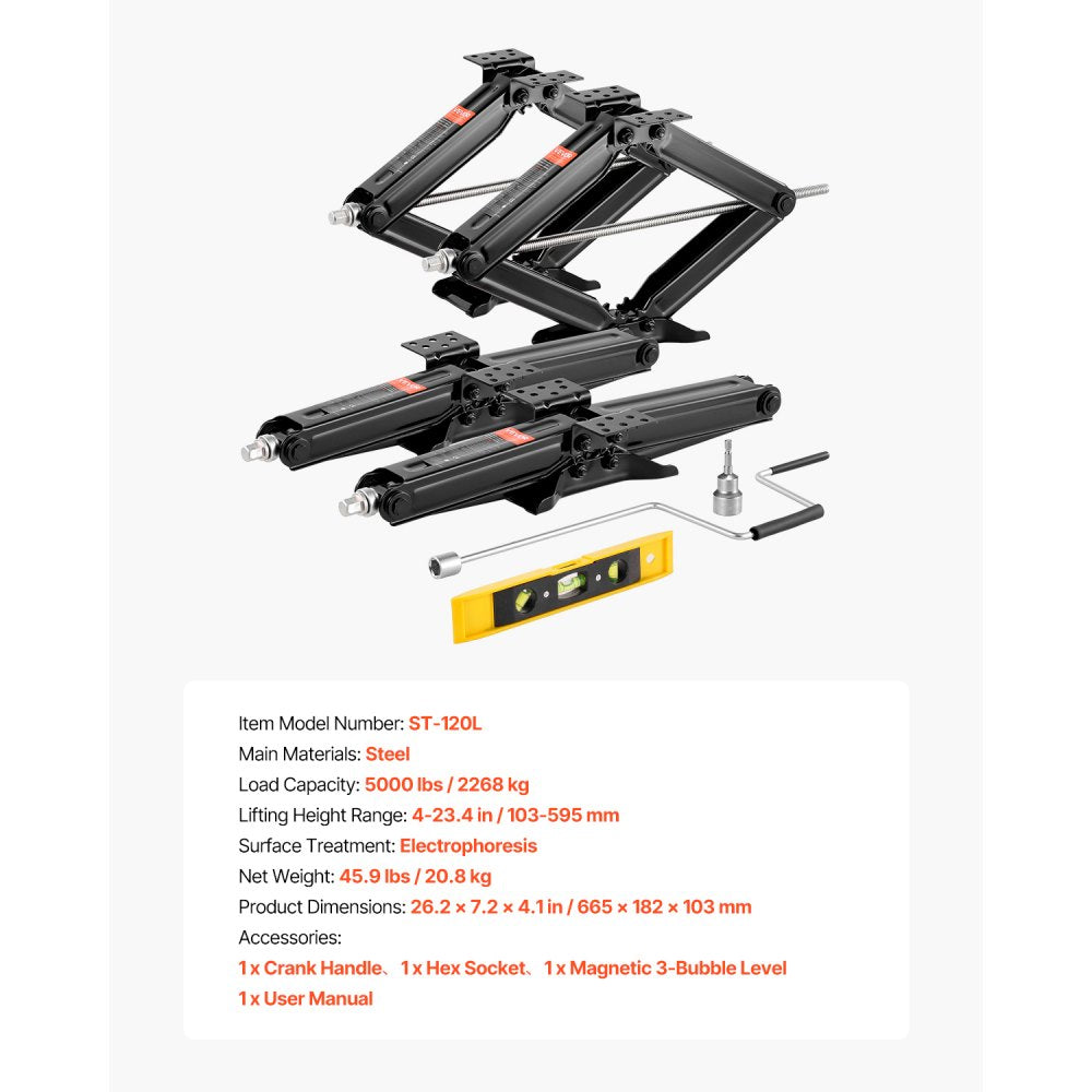 VEVOR 5000 lbs RV Scissor Jacks, 4-23.4 in RV Stabilizer Leveling Scissor Jacks, Set of 4, Heavy Duty Stabilizer Jack with Crank Handle, Socket and Bubble Levels, Not Easily Bent or Deformed