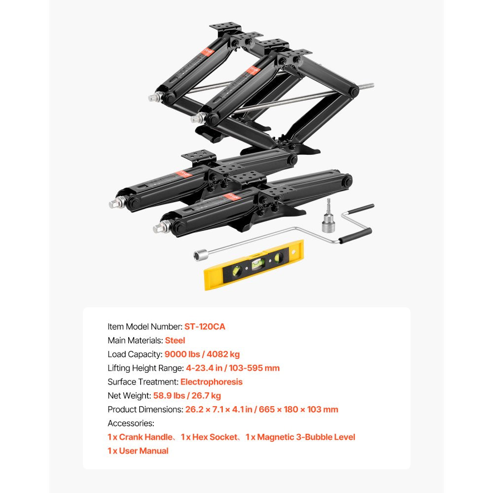 VEVOR 9000 lbs RV Scissor Jacks, 4-23.4 in RV Stabilizer Leveling Scissor Jacks, Set of 4, Heavy Duty Stabilizer Jack with Crank Handle, Socket and Bubble Levels, Not Easily Bent or Deformed
