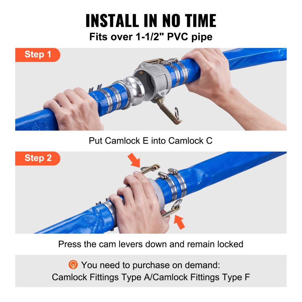 VEVOR Pool Drain Hose, 2 inch by 50 ft, Durable PVC Material, Includes Aluminum Camlock C & E Connectors and Clamps, Fits Pumps and Sand Filters, Ideal for Pool Water Removal, Blue