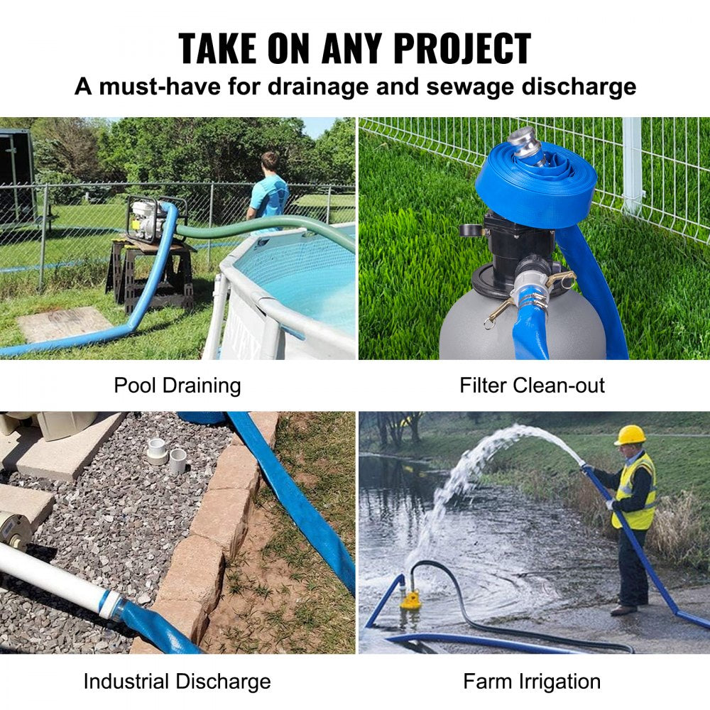 VEVOR Pool Drain Hose, 2 inch by 50 ft, Durable PVC Material, Includes Aluminum Camlock C & E Connectors and Clamps, Fits Pumps and Sand Filters, Ideal for Pool Water Removal, Blue