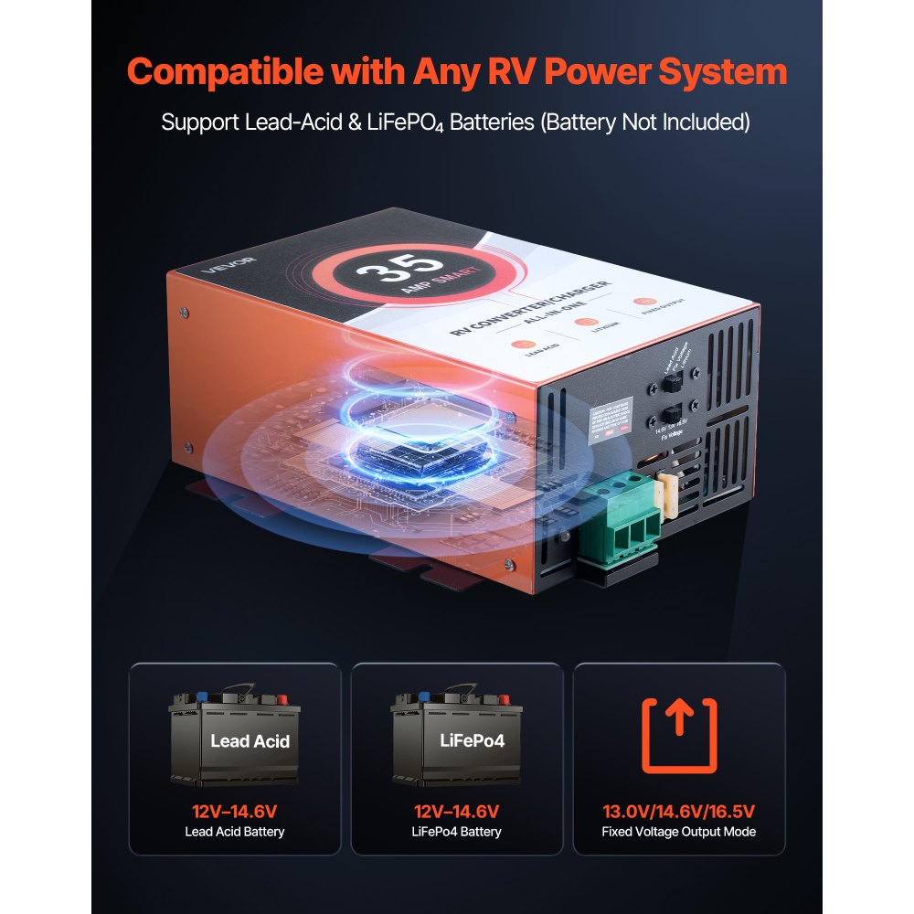 VEVOR RV Power Converter, 35 Amp, 110V AC to 12V DC RV Converter Battery Charger, 4 Stage Smart Charging, 13V to 16.5V Operating Range, Compatible with Lithium Lead Acid Battery, for Camper Trailer