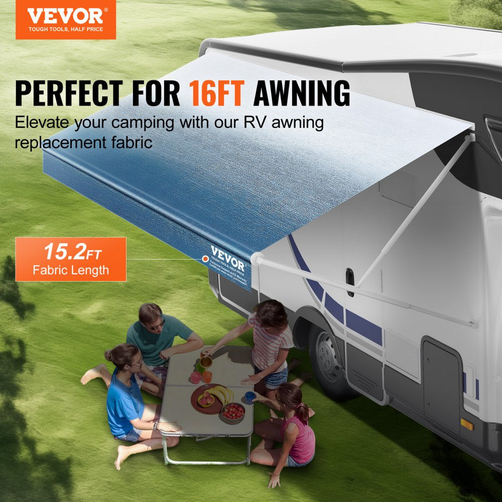 VEVOR RV Awning Fabric Replacement, 15'2" Fabric Length for 16' Awning, Heavy Duty 3-Ply 16oz PVC Camper Awning Fabric, Waterproof & UV Protection Outdoor Canopy for RV, Trailer, Motorhome, Blue Fade