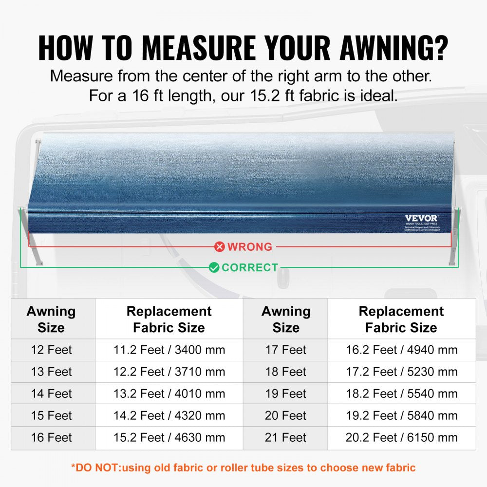 VEVOR RV Awning Fabric Replacement, 15'2" Fabric Length for 16' Awning, Heavy Duty 3-Ply 16oz PVC Camper Awning Fabric, Waterproof & UV Protection Outdoor Canopy for RV, Trailer, Motorhome, Blue Fade
