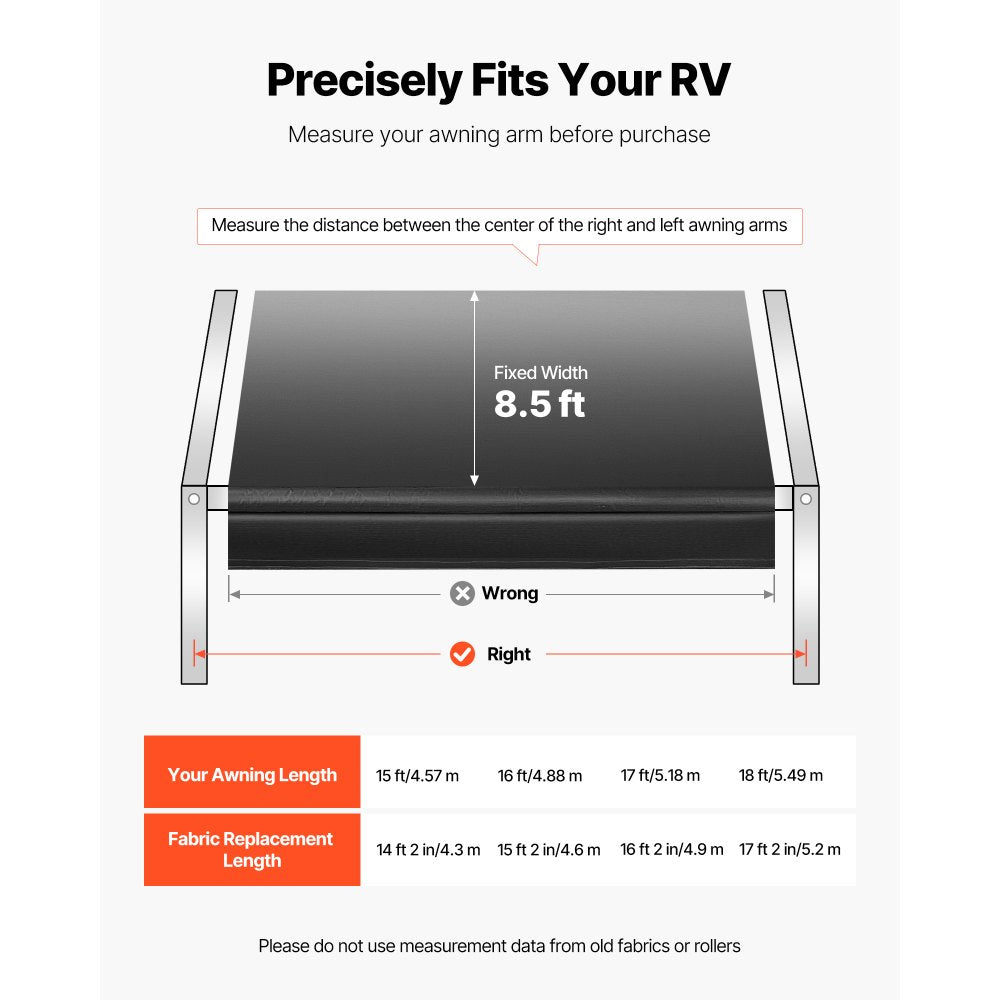 VEVOR RV Awning Fabric Replacement, 17' (Fabric 16'2") 18 oz Heavy-Duty Weatherproof Vinyl Camper Awning Replacement, UPF50+ Protection Waterproof Outdoor Canopy for RV, Motorhome, Trailer, Black Fade