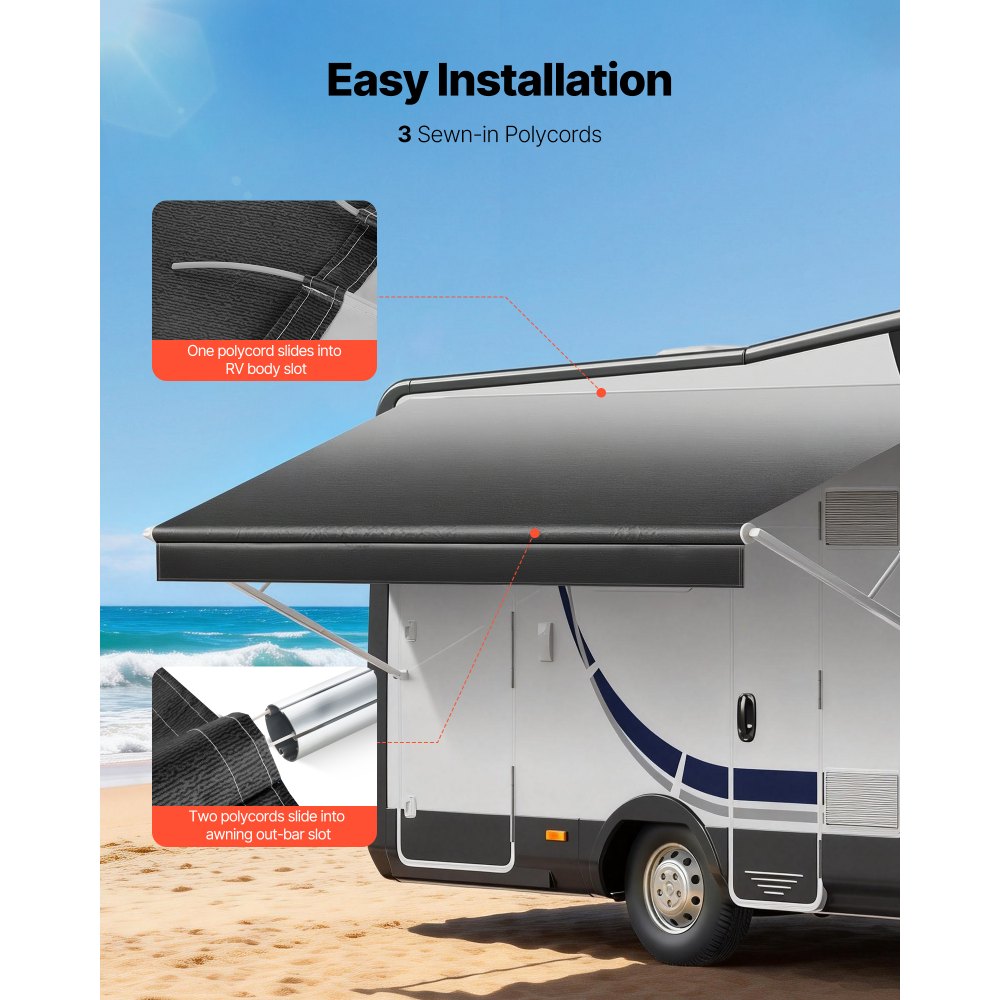 VEVOR RV Awning Fabric Replacement, 17' (Fabric 16'2") 18 oz Heavy-Duty Weatherproof Vinyl Camper Awning Replacement, UPF50+ Protection Waterproof Outdoor Canopy for RV, Motorhome, Trailer, Black Fade