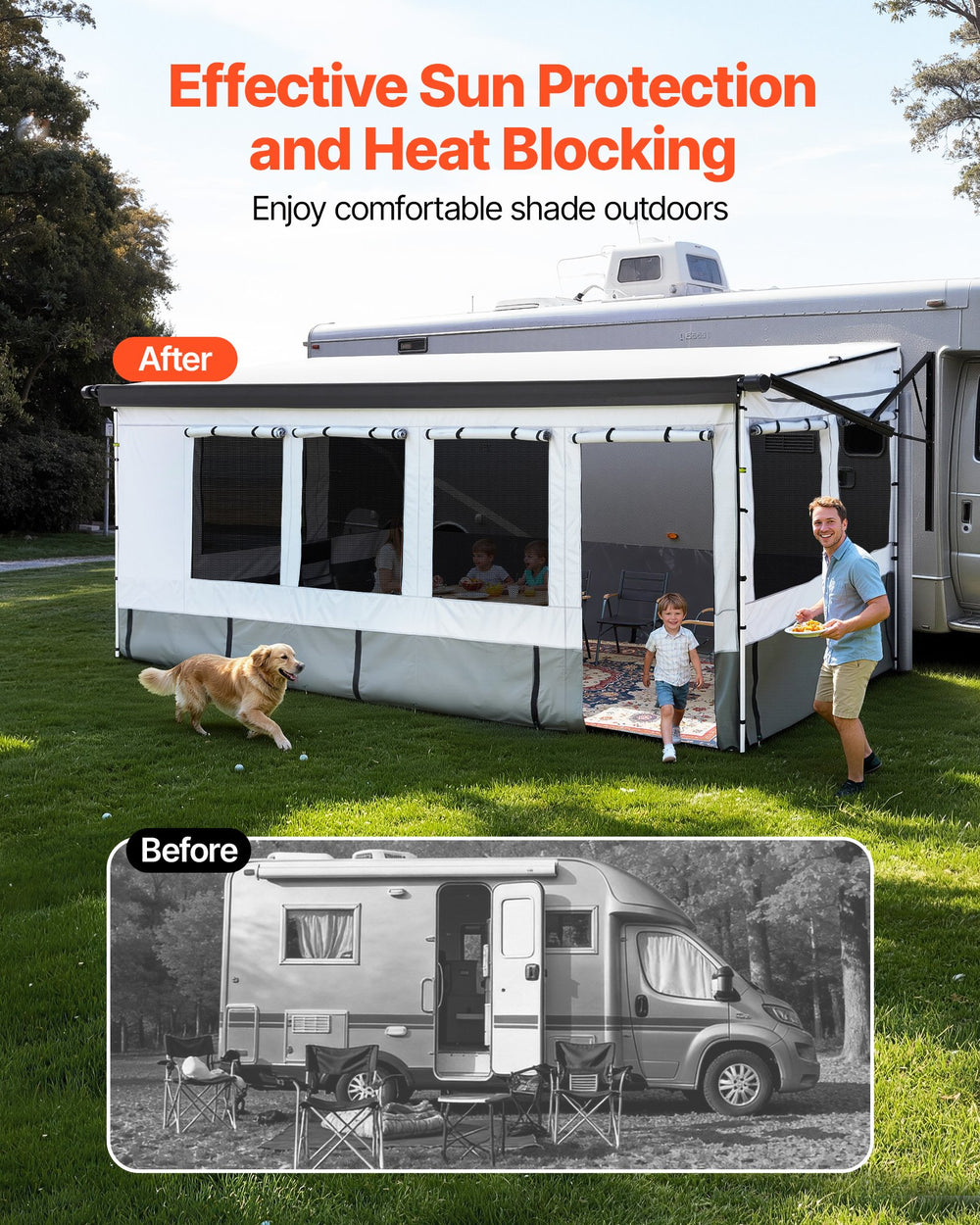 VEVOR RV awning shade room installed on RV - effective sun protection and heat blocking