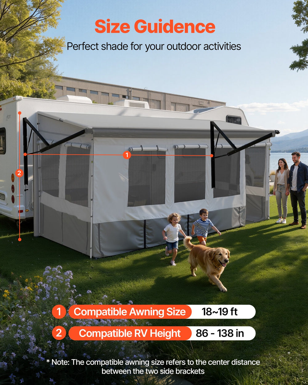 VEVOR RV awning shade room size guidance for compatible awning and RV height