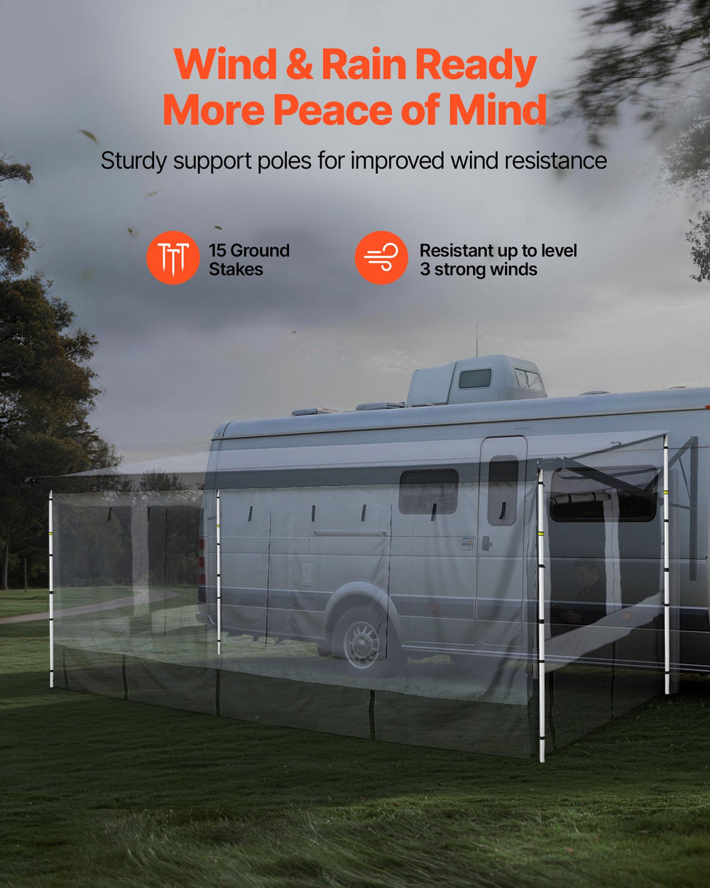 VEVOR RV awning sun shade room wind and rain ready with sturdy support poles