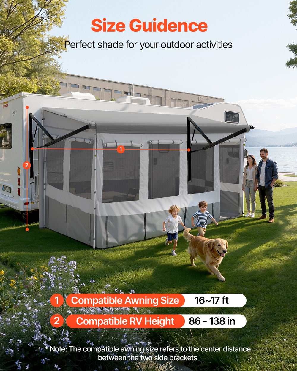 VEVOR RV Awning Sun Shade Room - size guidance for compatible awning size and RV height