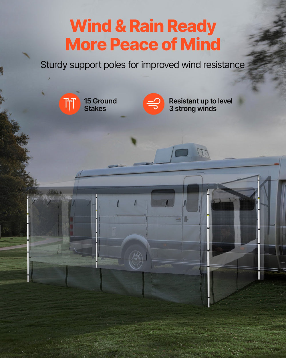 VEVOR RV Awning Sun Shade Room - wind and rain ready with support poles and stakes
