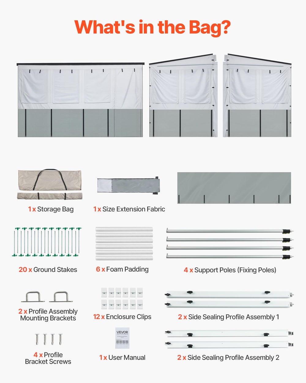 VEVOR RV Awning Sun Shade Room - what's in the bag package contents overview