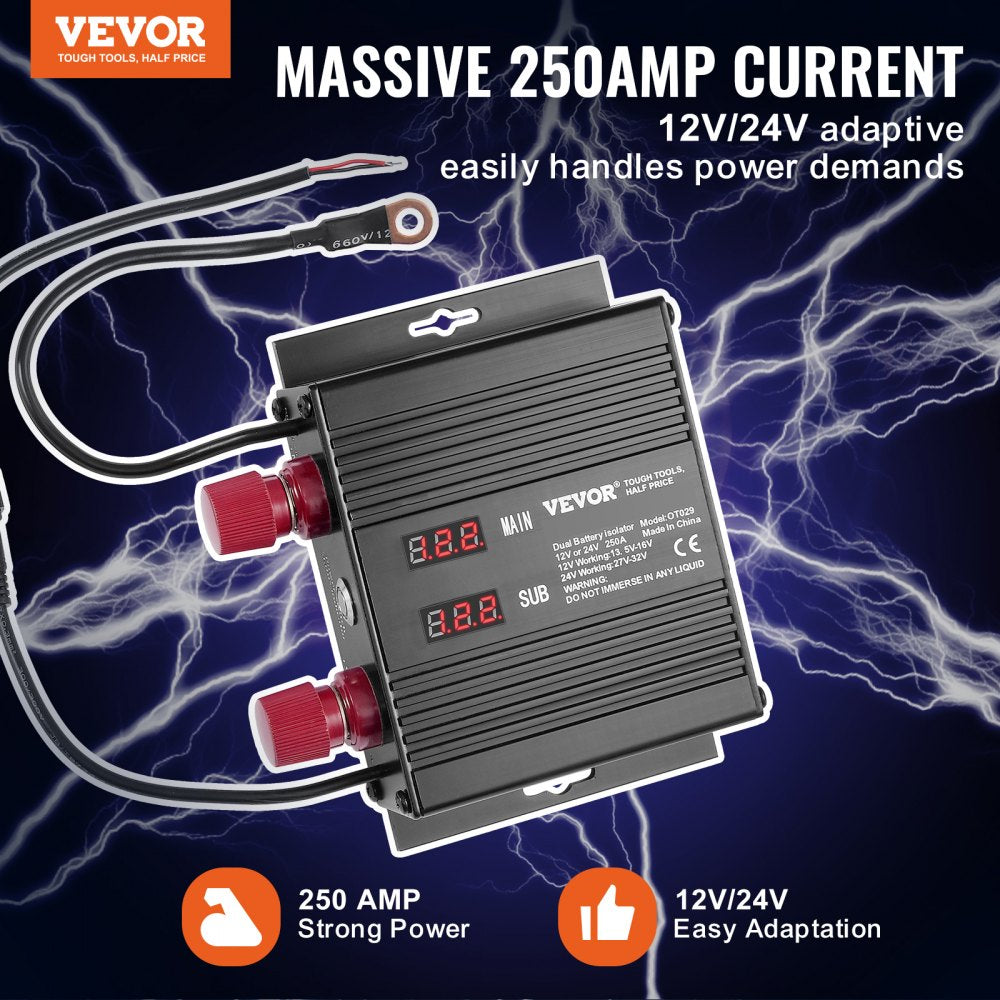 VEVOR 250 AMP Dual Battery Smart Isolator, 12V/24V, Universal VSR Voltage Sensitive Relay Battery Isolator Intelligent with LCD Screen, for Car Truck ATV RV Battery Starter Controller Power Switch