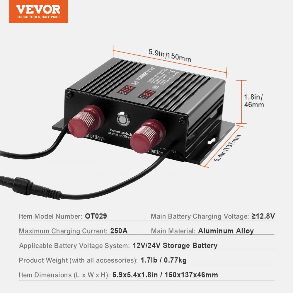 VEVOR 250 AMP Dual Battery Smart Isolator, 12V/24V, Universal VSR Voltage Sensitive Relay Battery Isolator Intelligent with LCD Screen, for Car Truck ATV RV Battery Starter Controller Power Switch