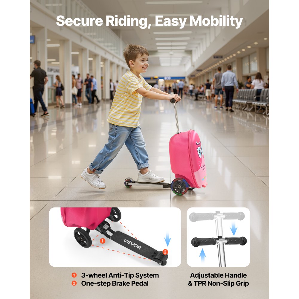 VEVOR Ride-on Luggage, 20 L Capacity, 20 Inches Kids Scooter Suitcase with Flash PU Wheels, Adjustable Handle & TPR Non-Slip Grip, Foldable & Lightweight Scooter Luggage for Kids Aged 5+, Pink