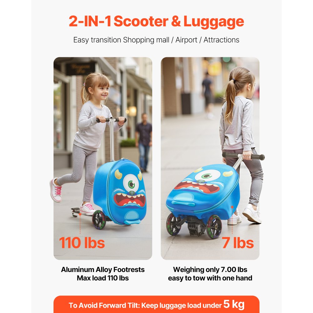 VEVOR Ride-on Luggage, 20 L Capacity, 20 Inches Kids Scooter Suitcase with Flash PU Wheels, Adjustable Handle & TPR Non-Slip Grip, Foldable & Lightweight Scooter Luggage for Kids Aged 5+, Blue