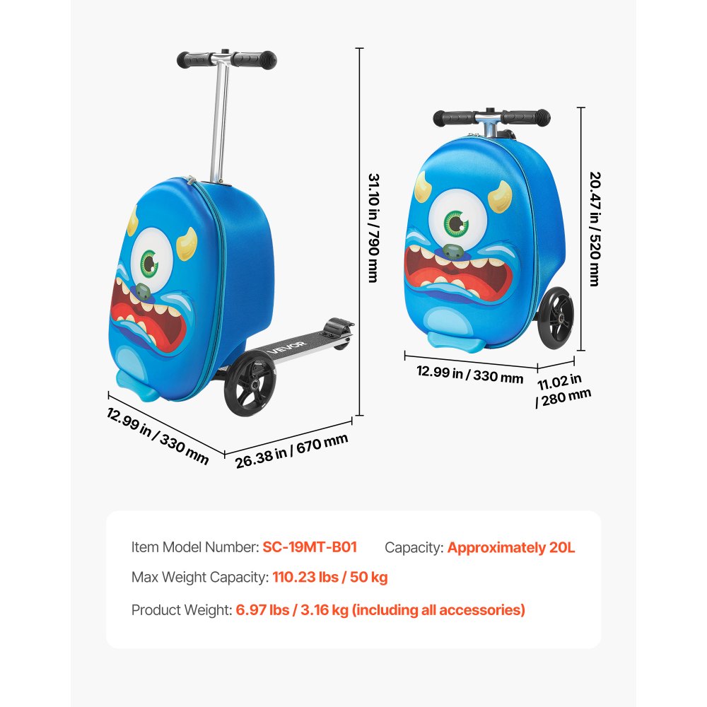 VEVOR Ride-on Luggage, 20 L Capacity, 20 Inches Kids Scooter Suitcase with Flash PU Wheels, Adjustable Handle & TPR Non-Slip Grip, Foldable & Lightweight Scooter Luggage for Kids Aged 5+, Blue