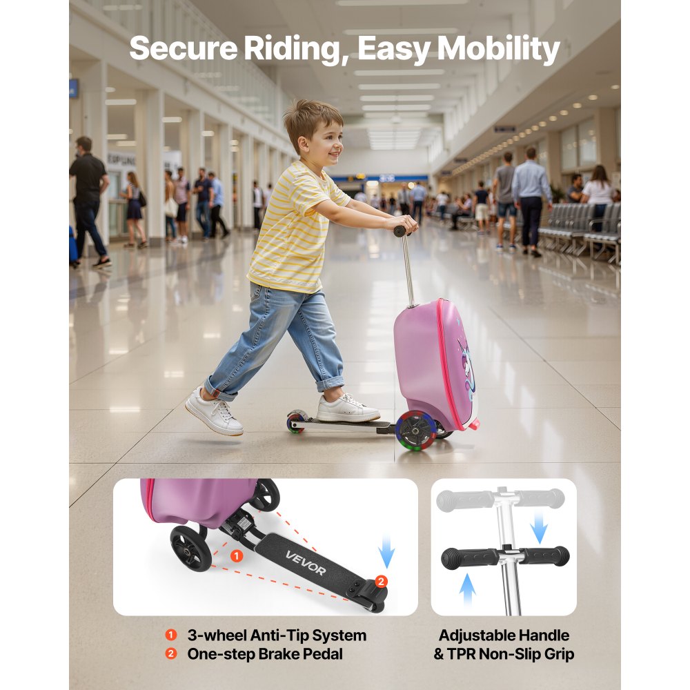 VEVOR Ride-on Luggage, 20 L Capacity, 20 Inches Kids Scooter Suitcase with Flash PU Wheels, Adjustable Handle & TPR Non-Slip Grip, Foldable & Lightweight Scooter Luggage for Kids Aged 5+, Purple