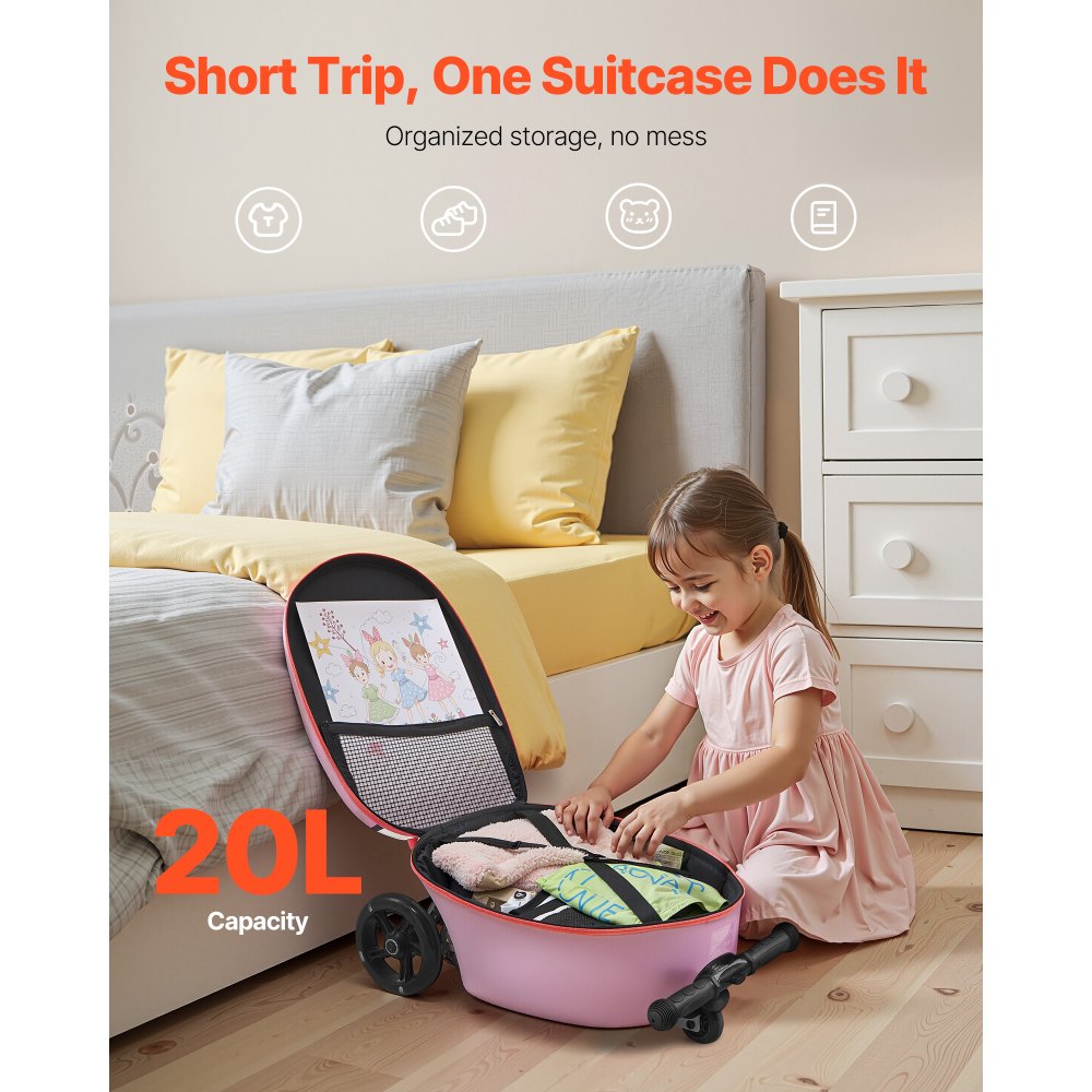 VEVOR Ride-on Luggage, 20 L Capacity, 20 Inches Kids Scooter Suitcase with Flash PU Wheels, Adjustable Handle & TPR Non-Slip Grip, Foldable & Lightweight Scooter Luggage for Kids Aged 5+, Purple