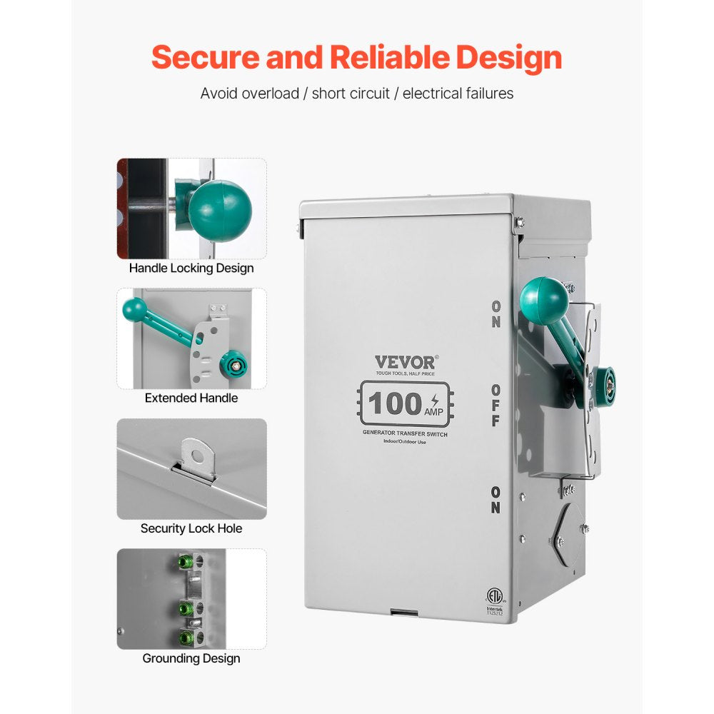 VEVOR 100A Generator Transfer Switch, 24000W Manual Transfer Switch, Heavy Duty Double-Throw Power Transfer Switch 120/240V, Meeting NEMA 3R Standards, for Outdoor, Indoor, and Portable Generator