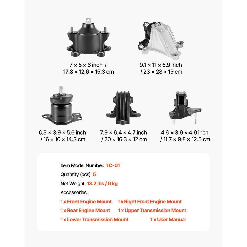 VEVOR Engine Motor Mount and Transmission Mount Kit Replacement, Set of 5, Compatible with 2013-2017 Honda Accord 2.4L L4, Replace OE# A65072 A65054 A65040 A65068 A65071, Secure Support