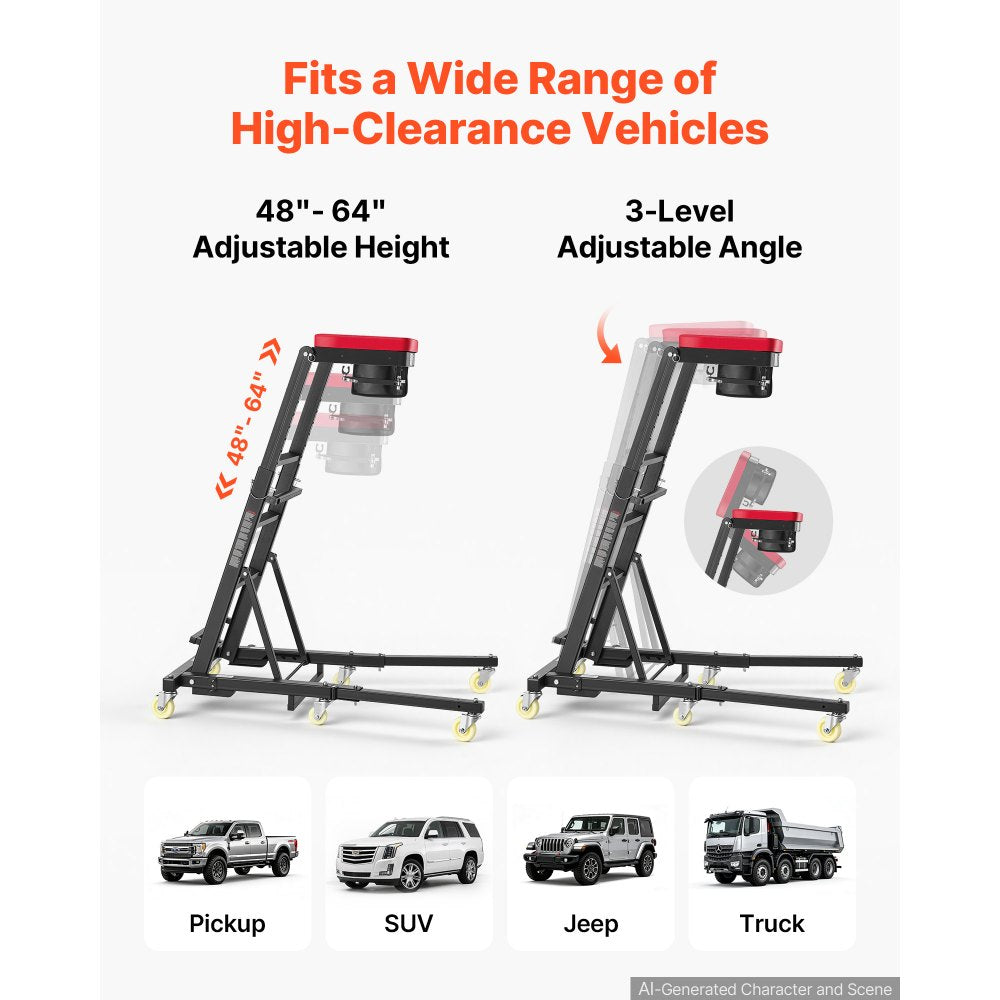VEVOR Top Automotive Creeper 48"-64" Adjustable with Folding Mechanical Arm, Foldable High Top Engine Creeper, 400LBS Heavy-Duty Support, Stable H-Shaped Base, 6-Wheel Smooth Rolling for Auto Repair