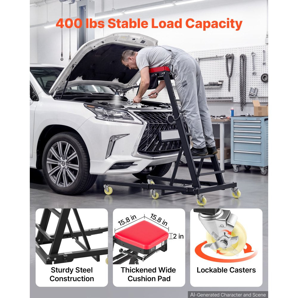 VEVOR Top Automotive Creeper 48"-64" Adjustable with Folding Mechanical Arm, Foldable High Top Engine Creeper, 400LBS Heavy-Duty Support, Stable H-Shaped Base, 6-Wheel Smooth Rolling for Auto Repair