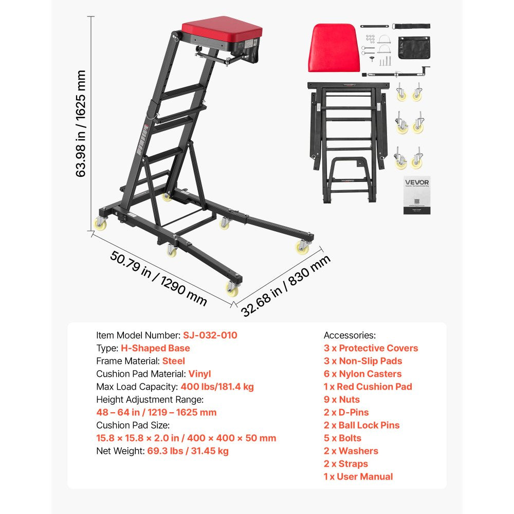 VEVOR Top Automotive Creeper 48"-64" Adjustable with Folding Mechanical Arm, Foldable High Top Engine Creeper, 400LBS Heavy-Duty Support, Stable H-Shaped Base, 6-Wheel Smooth Rolling for Auto Repair