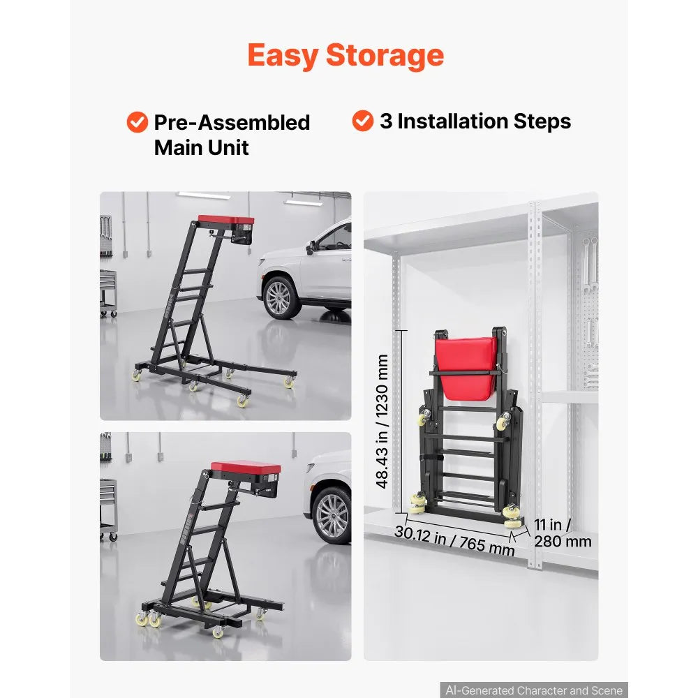 VEVOR Top Automotive Creeper 48"-76" Adjustable with Folding Mechanical Arm, Foldable High Top Engine Creeper, 400LBS Heavy-Duty Support, Stable H-Shaped Base, 6-Wheel Smooth Rolling for Auto Repair