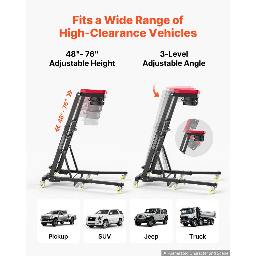 VEVOR Top Automotive Creeper 48"-76" Adjustable with Folding Mechanical Arm, Foldable High Top Engine Creeper, 400LBS Heavy-Duty Support, Stable H-Shaped Base, 6-Wheel Smooth Rolling for Auto Repair