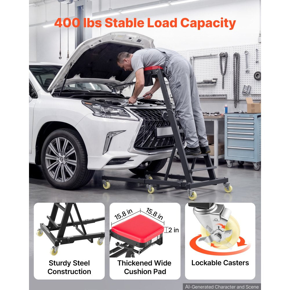 VEVOR Top Automotive Creeper 48"-76" Adjustable with Folding Mechanical Arm, Foldable High Top Engine Creeper, 400LBS Heavy-Duty Support, Stable H-Shaped Base, 6-Wheel Smooth Rolling for Auto Repair