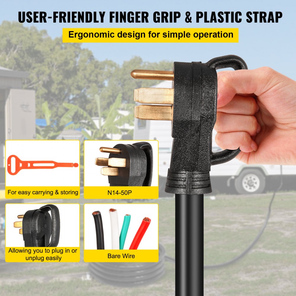 VEVOR 15 ft 50A RV Camp Power Cord Generator Cord 6/3+8/1 AWG NEMA 14-50P to Bare Wire